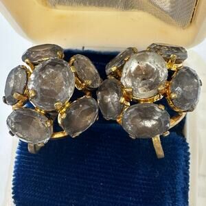 Czechoslovakia antique 1920s smoky gray glass rhinestones screw back earrings